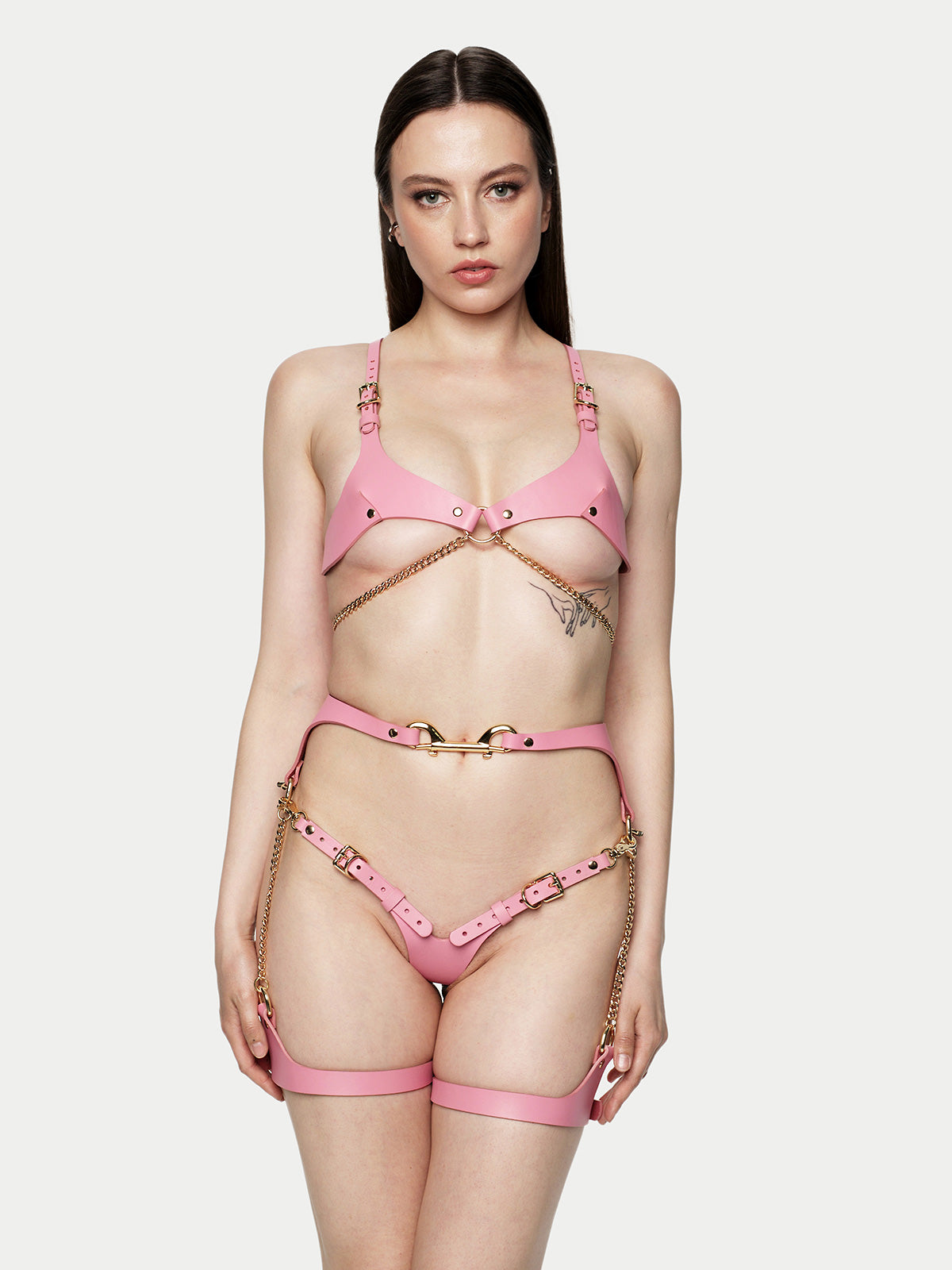 Cardi Bra and Garters Leather Set in Pink