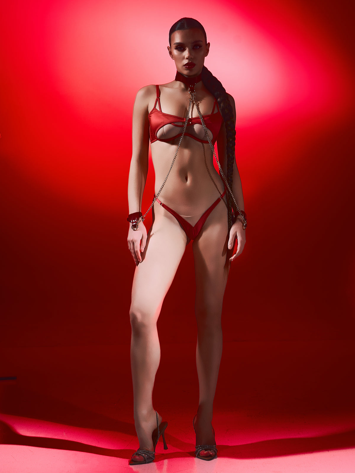 Mono Red Satin Lingerie Set